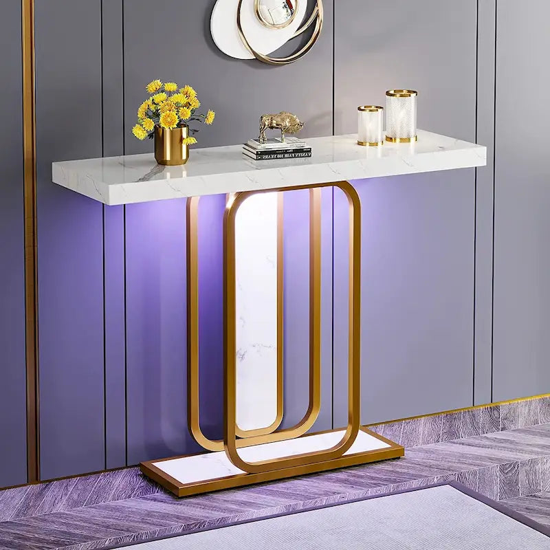 41.3 Console Table with LED Lights, Modern Gold White Entryway Hallway Accent Table-7