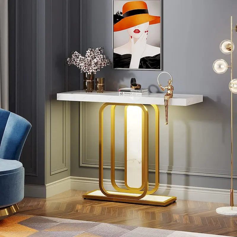 41.3 Console Table with LED Lights, Modern Gold White Entryway Hallway Accent Table-2