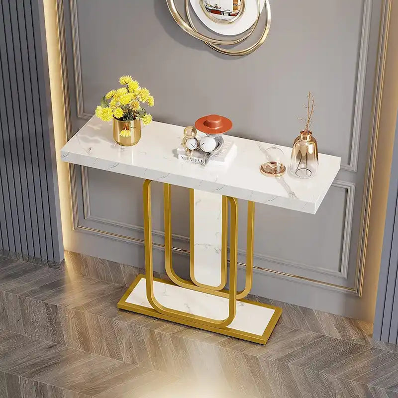 41.3 Console Table with LED Lights, Modern Gold White Entryway Hallway Accent Table-3