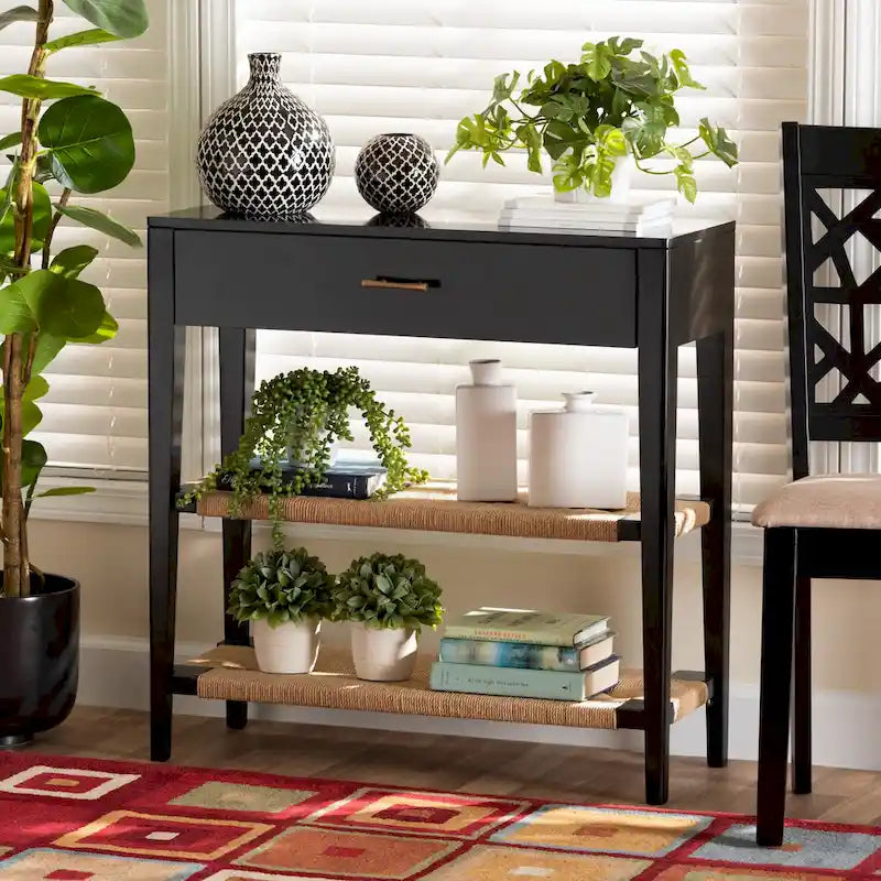 Freya Modern Bohemian Bayur Wood 1-Drawer Console Table-Black-9
