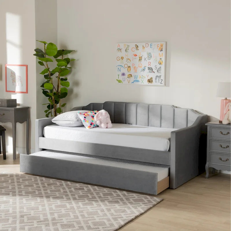 Lennon Modern and Contemporary Velvet Fabric Daybed with Trundle-5