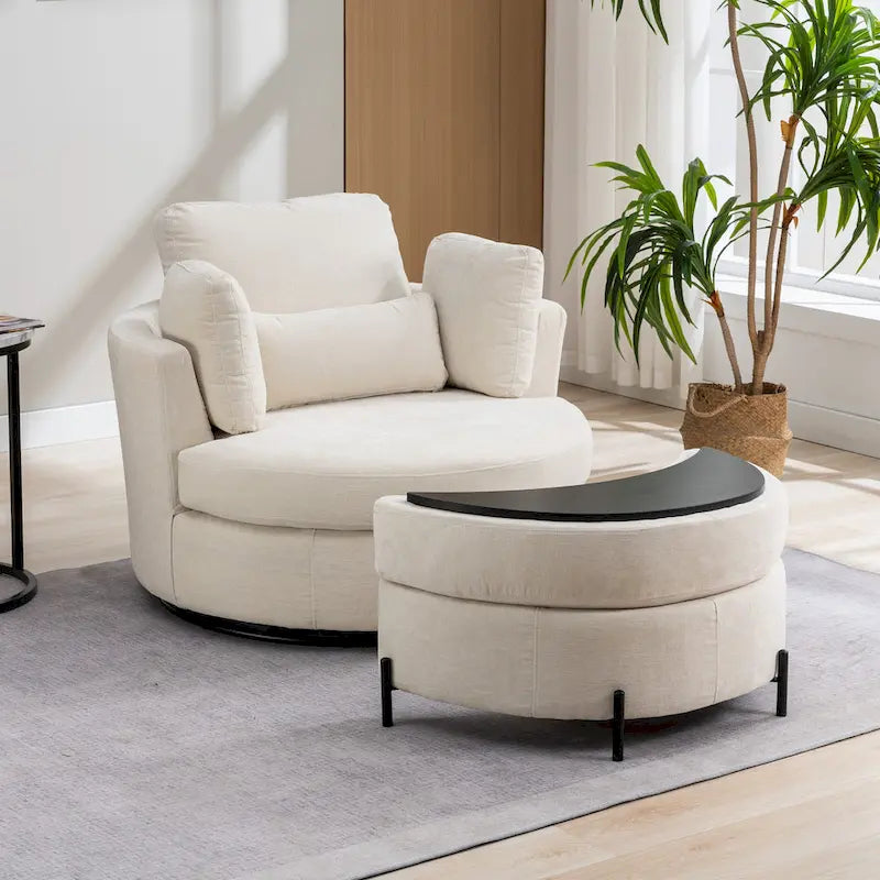42.3W Upholstered Swivel Accent Chair with 4 Pillows and Half-Moon Storage Ottoman-32