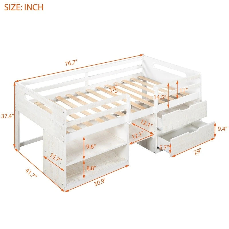 Twin Loft Bed with Storage and Drawers, Low Loft Bed Frame with 2 Shelves and 2 Drawers, No Box Spring Needed