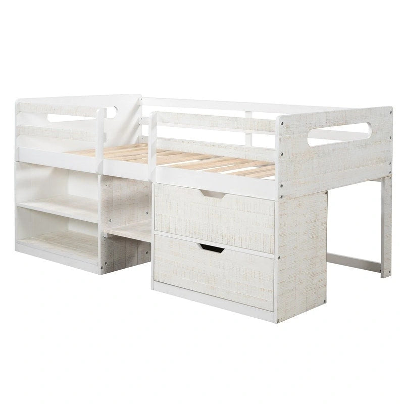 Twin Loft Bed with Storage and Drawers, Low Loft Bed Frame with 2 Shelves and 2 Drawers, No Box Spring Needed-3