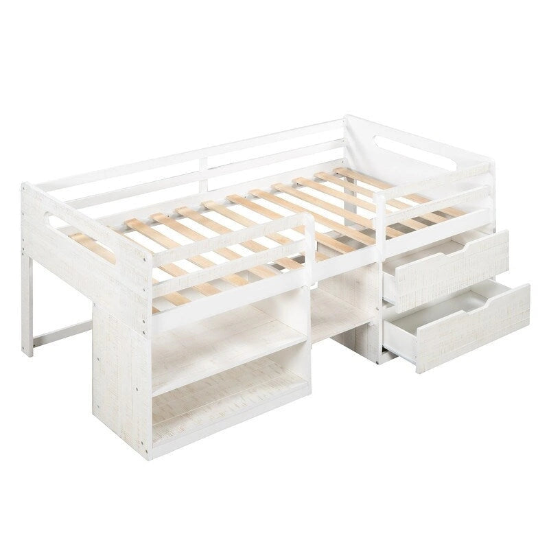 Twin Loft Bed with Storage and Drawers, Low Loft Bed Frame with 2 Shelves and 2 Drawers, No Box Spring Needed-4