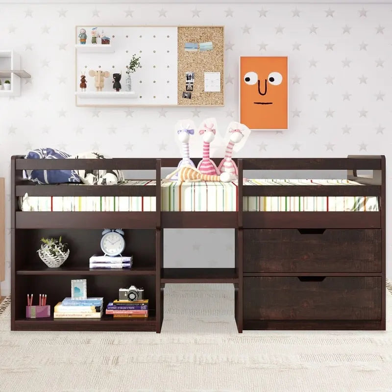 Twin Loft Bed with Storage and Drawers, Low Loft Bed Frame with 2 Shelves and 2 Drawers, No Box Spring Needed-8