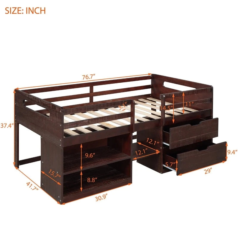 Twin Loft Bed with Storage and Drawers, Low Loft Bed Frame with 2 Shelves and 2 Drawers, No Box Spring Needed-9