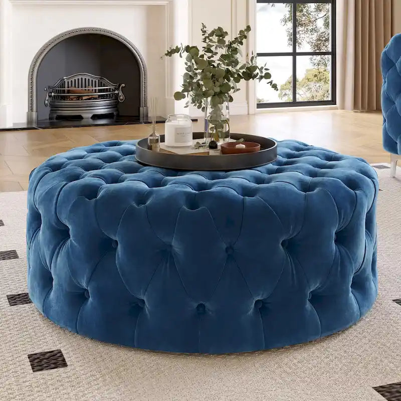 Corvus Chesterfield Round Tufted Velvet Ottoman with Casters-3