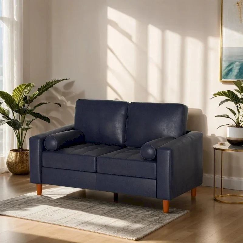 Mid-Century Leather Couch with Hand-Stitched Comfort Cushion and Bolster Pillows-6