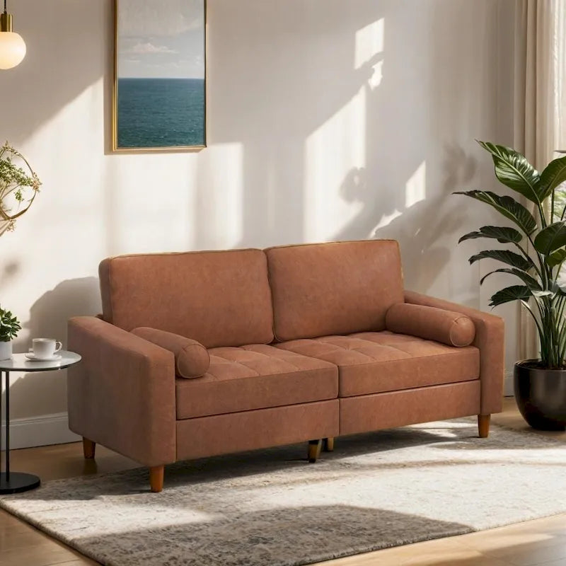 Mid-Century Leather Couch with Hand-Stitched Comfort Cushion and Bolster Pillows-7