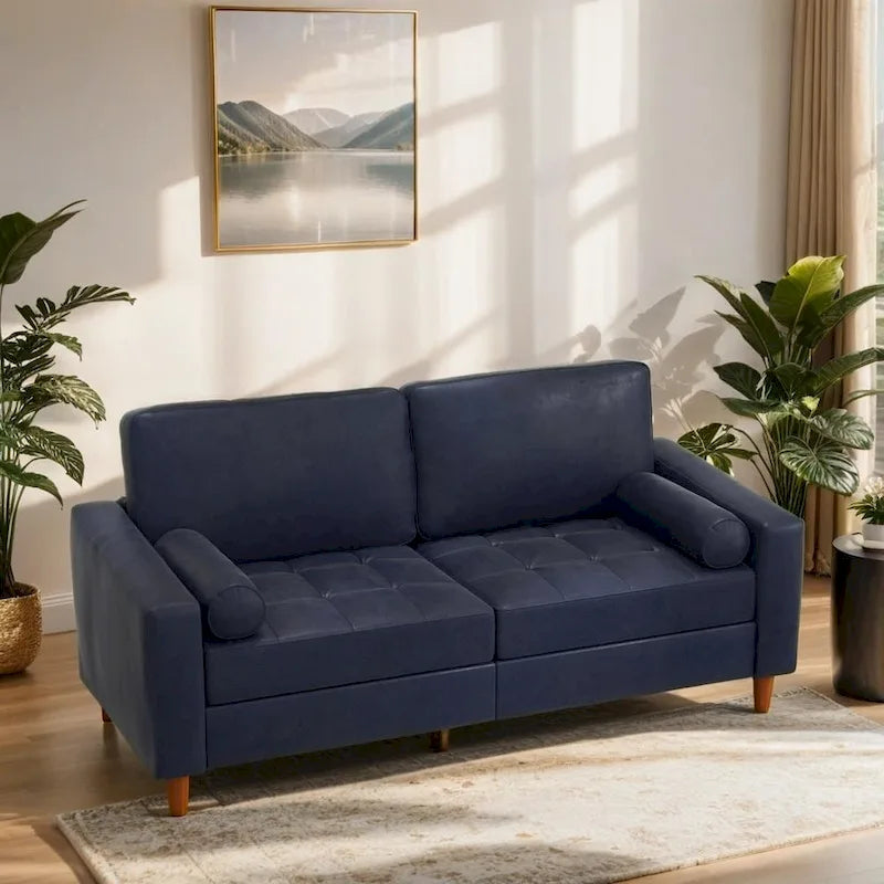 Mid-Century Leather Couch with Hand-Stitched Comfort Cushion and Bolster Pillows-3