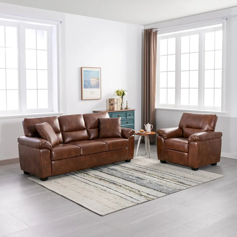 Morden Fort Upholstered Living Room Set, 2 Pieces, Faux Leather Chair, Sofa-4