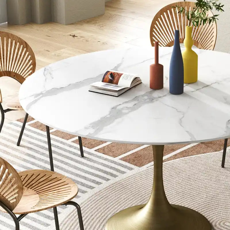 JASIWAY Modern Faux Marble Top Iron Pedestal Dining Table-5