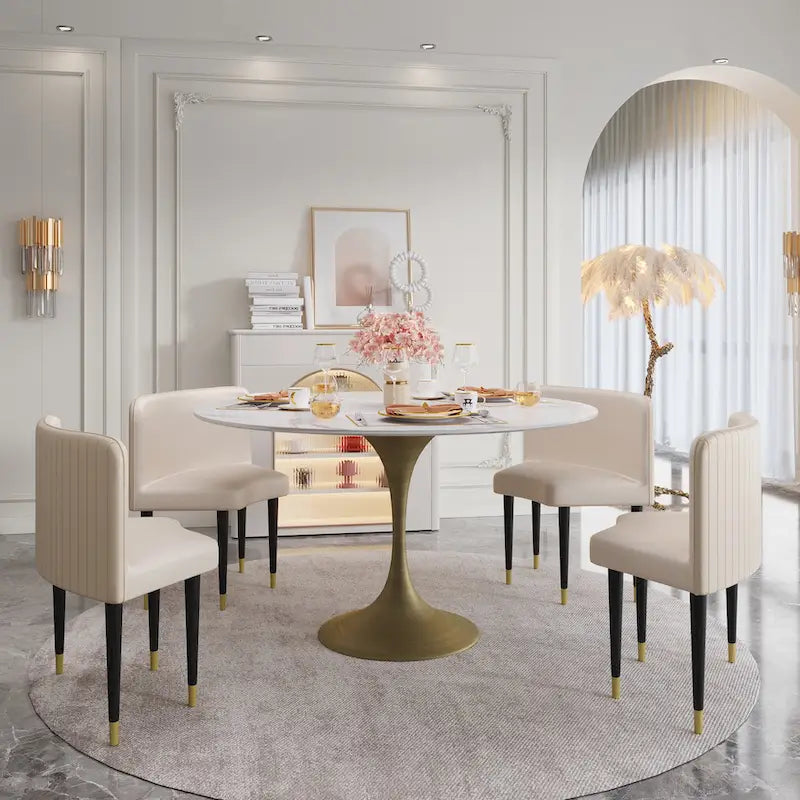 JASIWAY Modern Faux Marble Top Iron Pedestal Dining Table-8