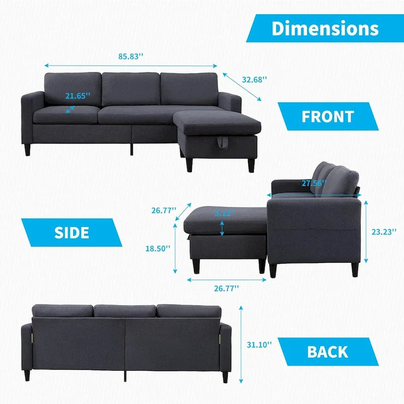 Mixoy Convertible L-Shaped Sectional 3-Seat Sofa with Storage Ottoman,Reversible Chaise - 85.83in x 27.95in x 30.71in-2