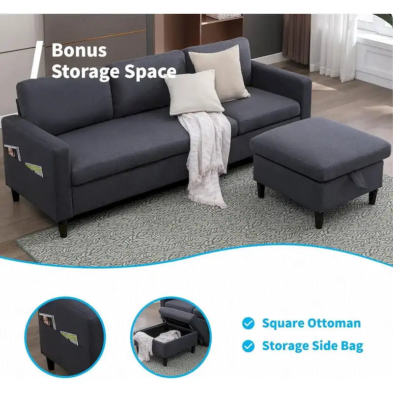 Mixoy Convertible L-Shaped Sectional 3-Seat Sofa with Storage Ottoman,Reversible Chaise - 85.83in x 27.95in x 30.71in-6