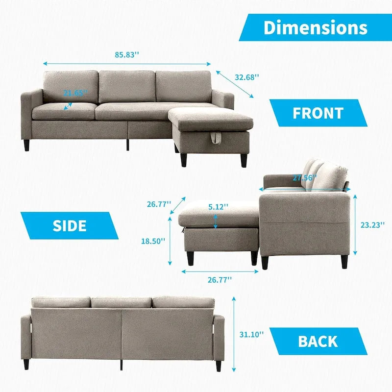Mixoy Convertible L-Shaped Sectional 3-Seat Sofa with Storage Ottoman,Reversible Chaise - 85.83in x 27.95in x 30.71in-8