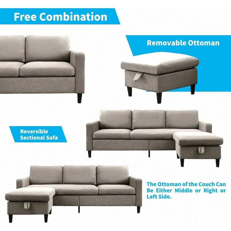 Mixoy Convertible L-Shaped Sectional 3-Seat Sofa with Storage Ottoman,Reversible Chaise - 85.83in x 27.95in x 30.71in-9