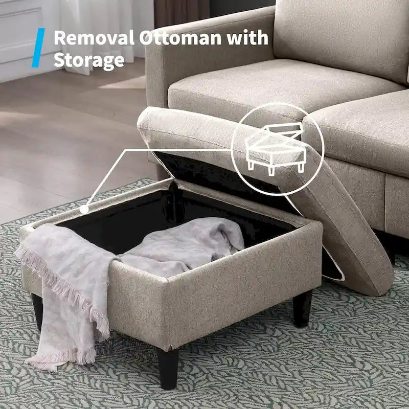 Mixoy Convertible L-Shaped Sectional 3-Seat Sofa with Storage Ottoman,Reversible Chaise - 85.83in x 27.95in x 30.71in-10