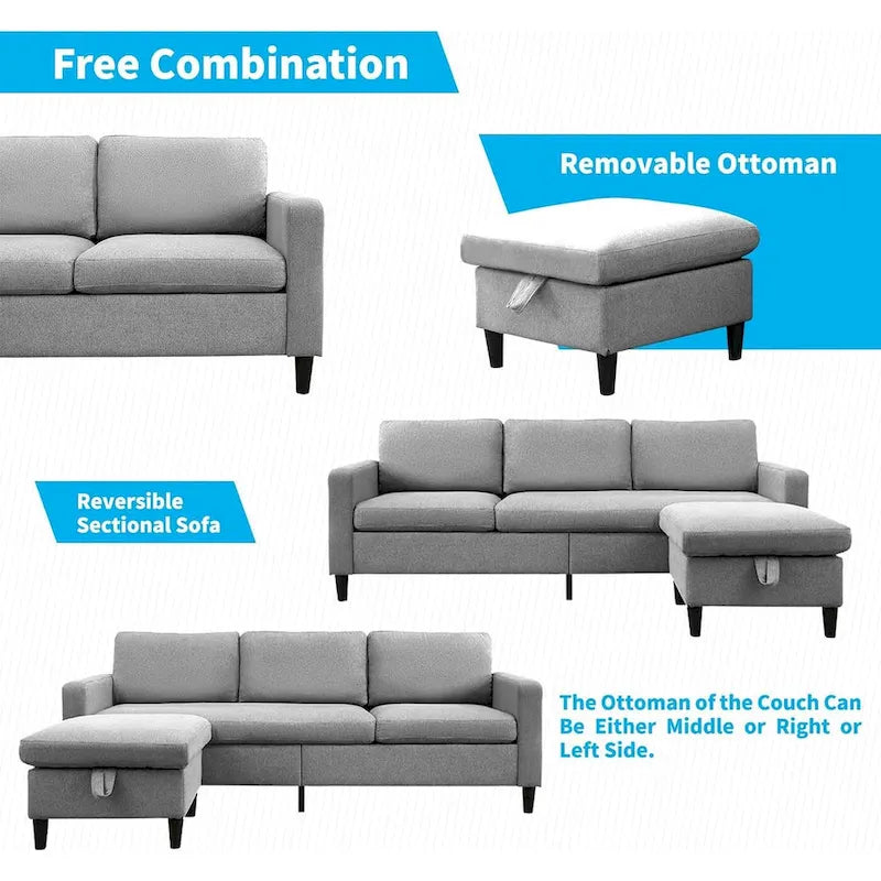 Mixoy Convertible L-Shaped Sectional 3-Seat Sofa with Storage Ottoman,Reversible Chaise - 85.83in x 27.95in x 30.71in-15