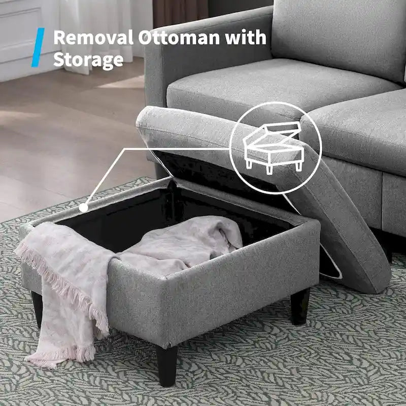 Mixoy Convertible L-Shaped Sectional 3-Seat Sofa with Storage Ottoman,Reversible Chaise - 85.83in x 27.95in x 30.71in-16