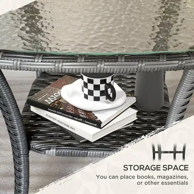 Outsunny Rattan Coffee Table with Storage Shelf, Wicker Side Table with Glass Top, Outdoor End Table for Garden, Porch, Backyard-4