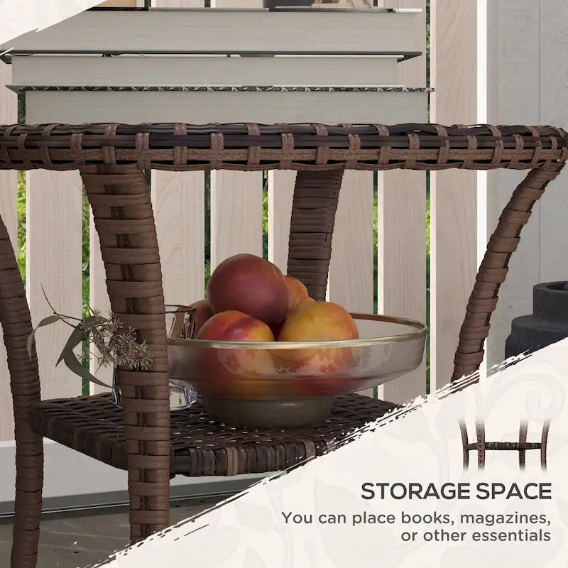 Outsunny Rattan Coffee Table with Storage Shelf, Wicker Side Table with Glass Top, Outdoor End Table for Garden, Porch, Backyard-12