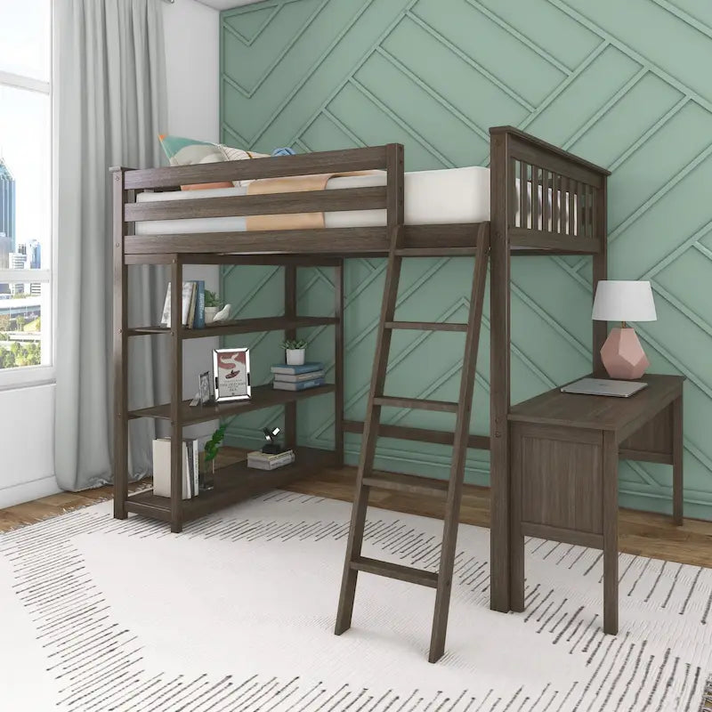 Full-Size High Loft Bed With Bookcase and Desk-11