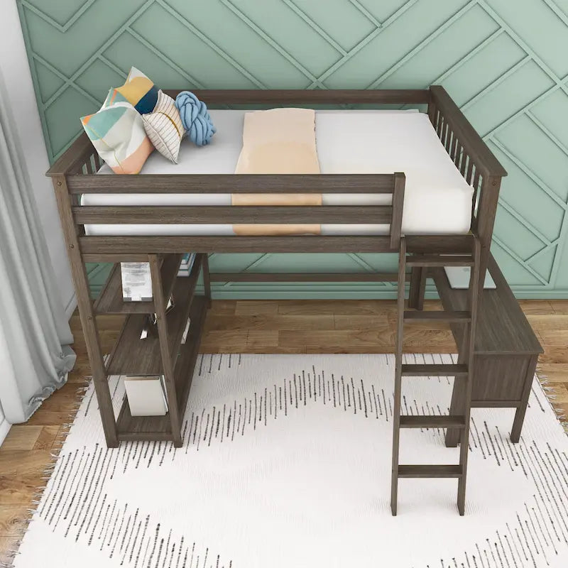 Full-Size High Loft Bed With Bookcase and Desk-2