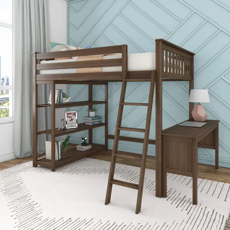 Full-Size High Loft Bed With Bookcase and Desk-4