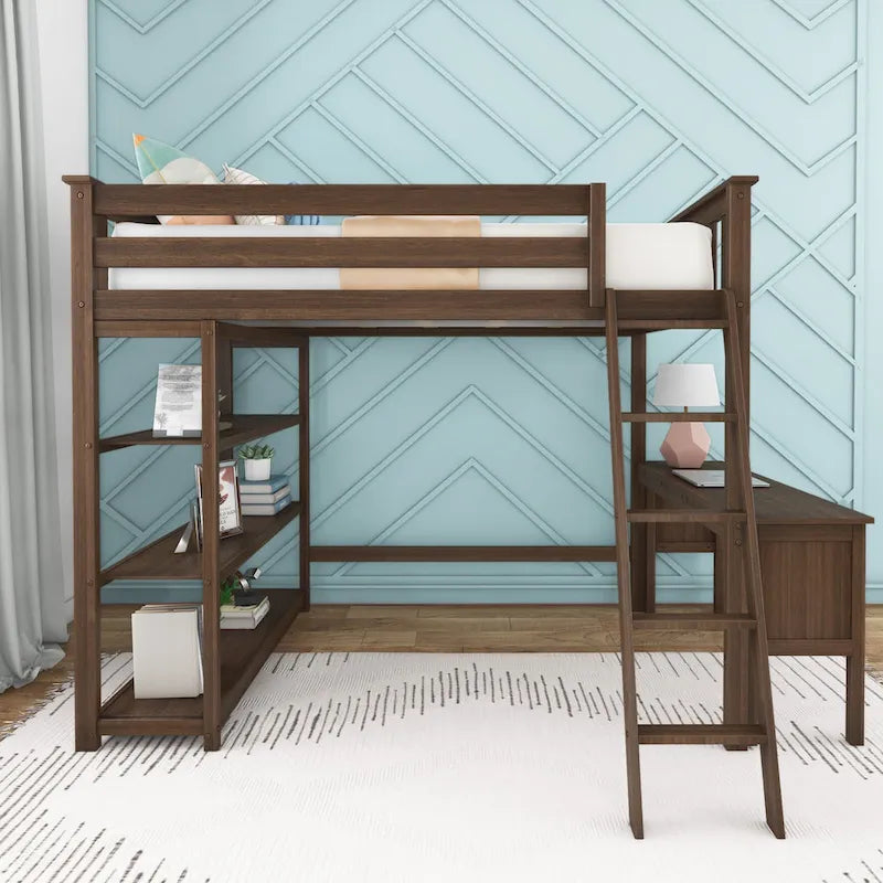 Full-Size High Loft Bed With Bookcase and Desk-5