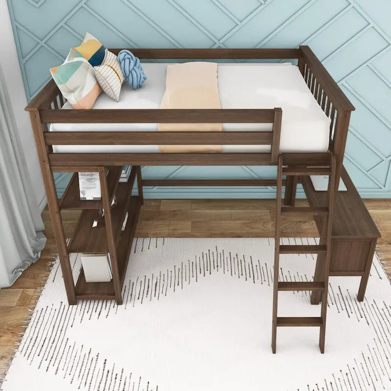 Full-Size High Loft Bed With Bookcase and Desk-8