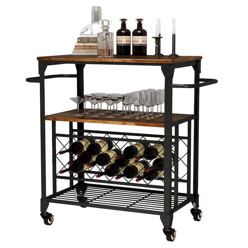 Storage Bar Cart Kitchen Shelf Serving Cart With Wine Rack-7