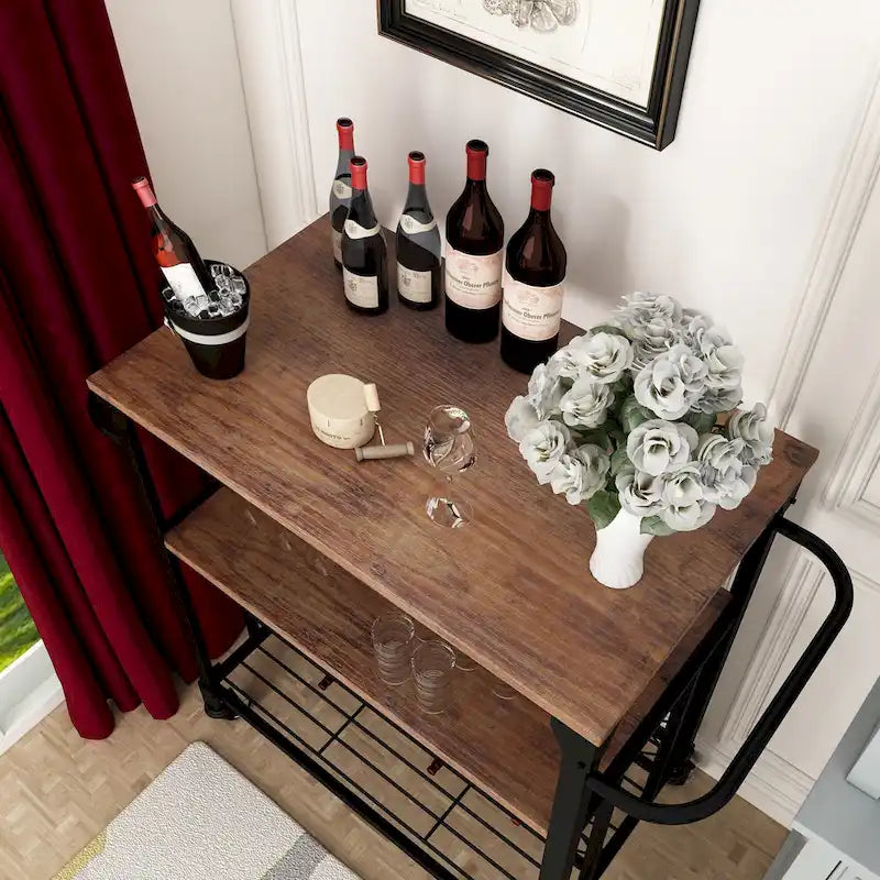 Storage Bar Cart Kitchen Shelf Serving Cart With Wine Rack-2