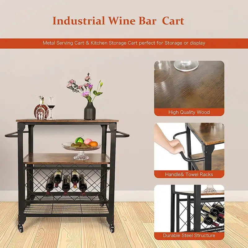 Storage Bar Cart Kitchen Shelf Serving Cart With Wine Rack-3