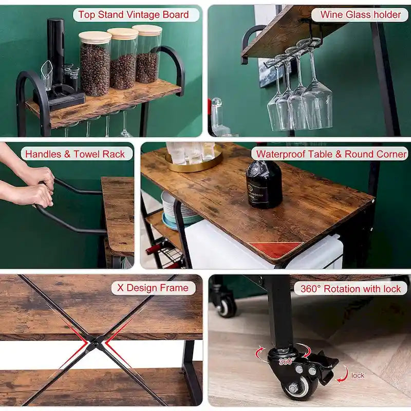 Storage Bar Cart Kitchen Shelf Serving Cart With Wine Rack-4