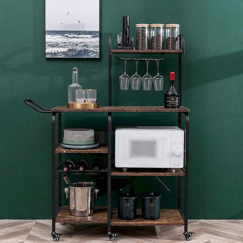 Storage Bar Cart Kitchen Shelf Serving Cart With Wine Rack-6