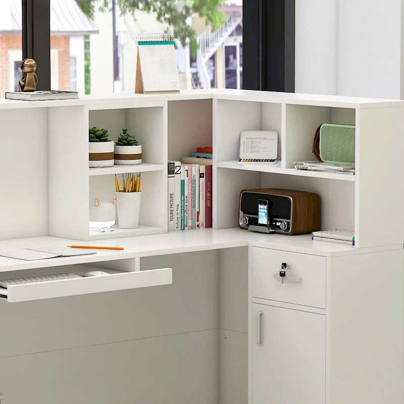 Timechee Reception Desk L-Shaped Counter Shelves Drawers Reception Table-5