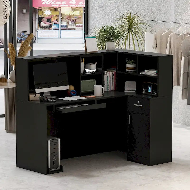 Timechee Reception Desk L-Shaped Counter Shelves Drawers Reception Table-11