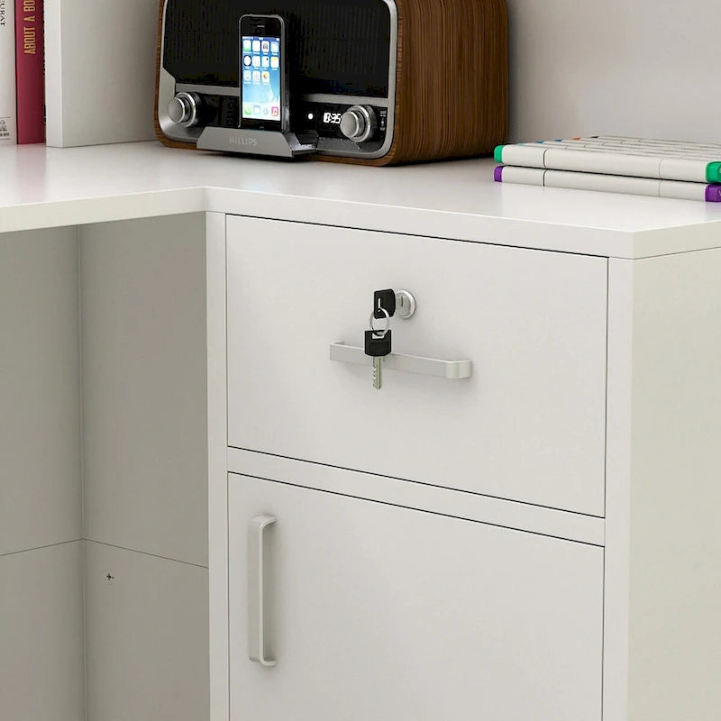 Timechee Reception Desk L-Shaped Counter Shelves Drawers Reception Table-31