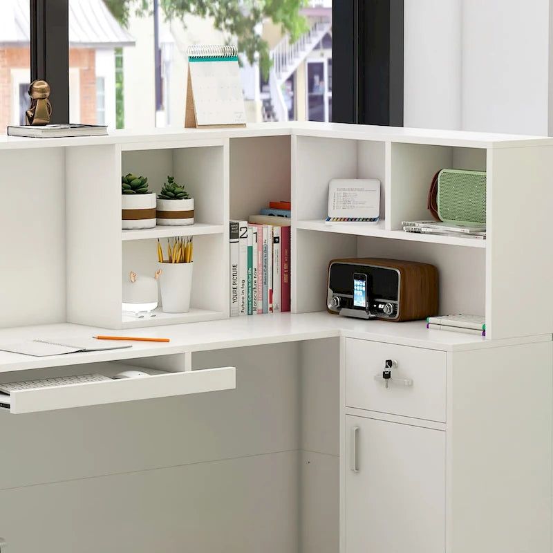 Timechee Reception Desk L-Shaped Counter Shelves Drawers Reception Table-34