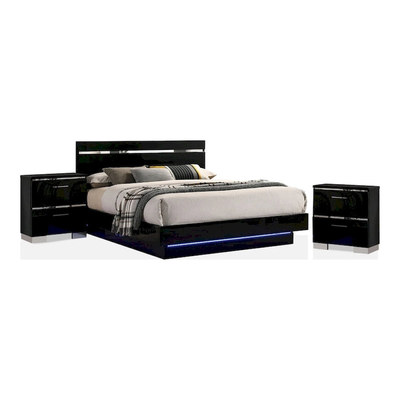 Benvolio Contemporary Black Wood LED 3-Piece Panel Bed with 2 Nightstands Set with USB Port by Furniture of America-2