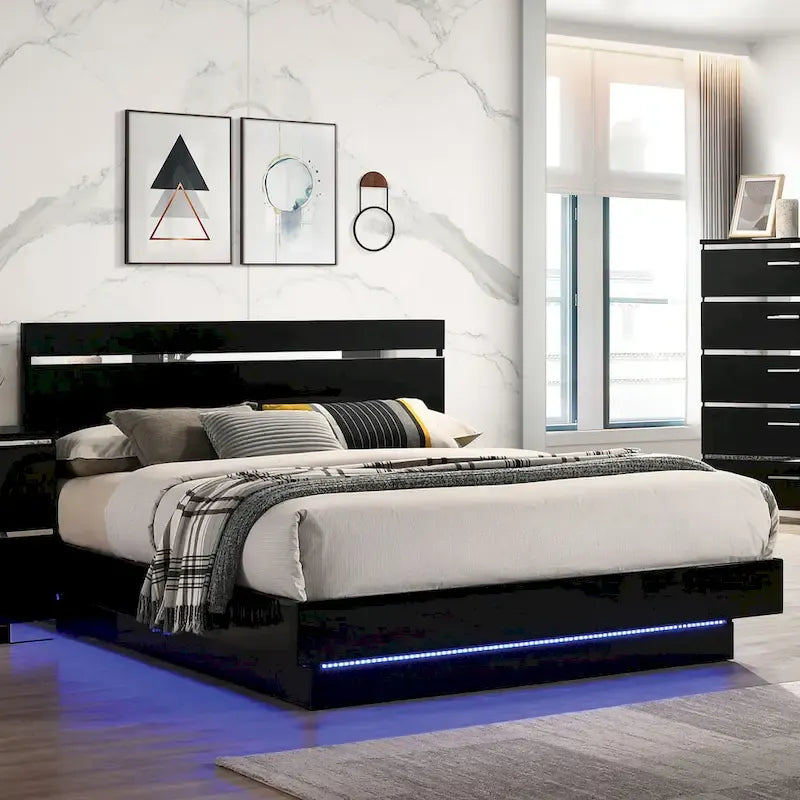 Benvolio Contemporary Black Wood LED 3-Piece Panel Bed with 2 Nightstands Set with USB Port by Furniture of America-3