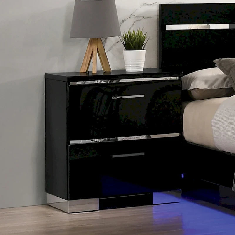 Benvolio Contemporary Black Wood LED 3-Piece Panel Bed with 2 Nightstands Set with USB Port by Furniture of America-4