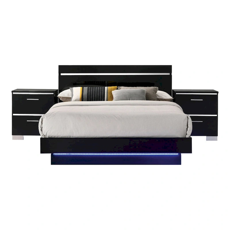 Benvolio Contemporary Black Wood LED 3-Piece Panel Bed with 2 Nightstands Set with USB Port by Furniture of America-6