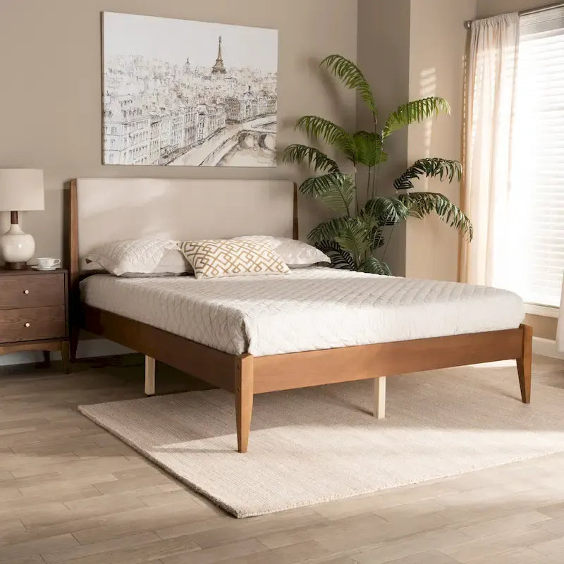 Lenora Mid-Century Modern Fabric Upholstered Wood Platform Bed - Beige-8