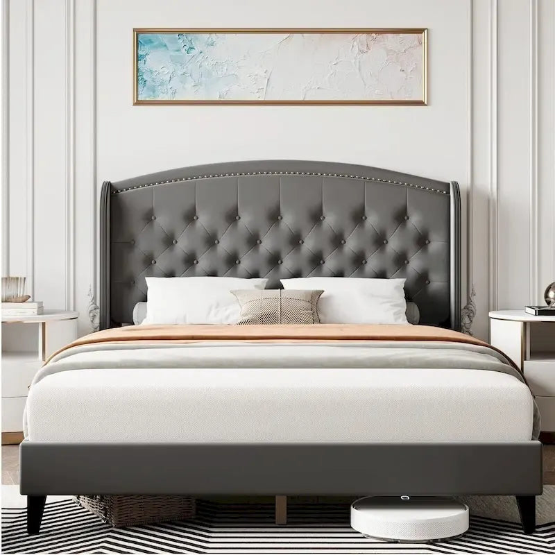 Upholstered Platform Bed Frame with Wingback Headboard-29
