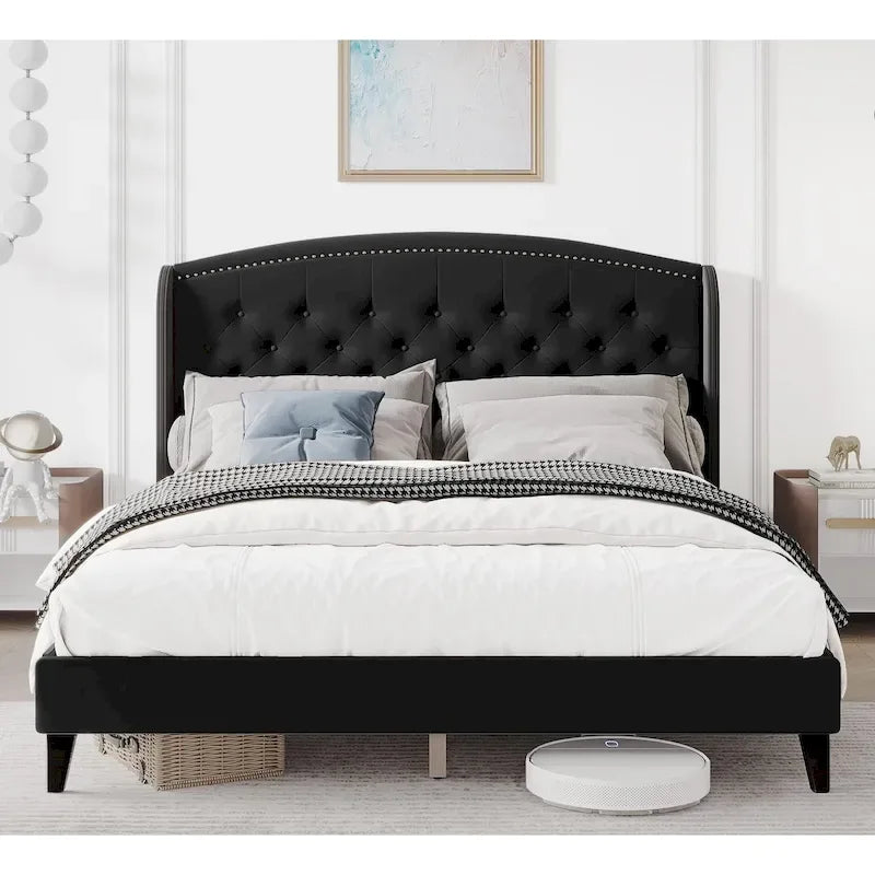 Upholstered Platform Bed Frame with Wingback Headboard-30