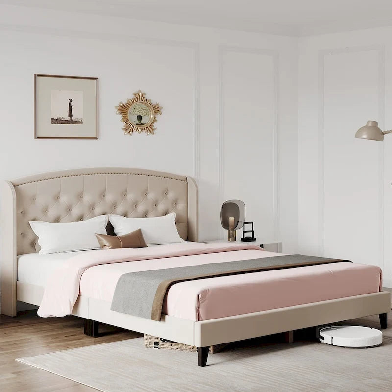 Upholstered Platform Bed Frame with Wingback Headboard-3