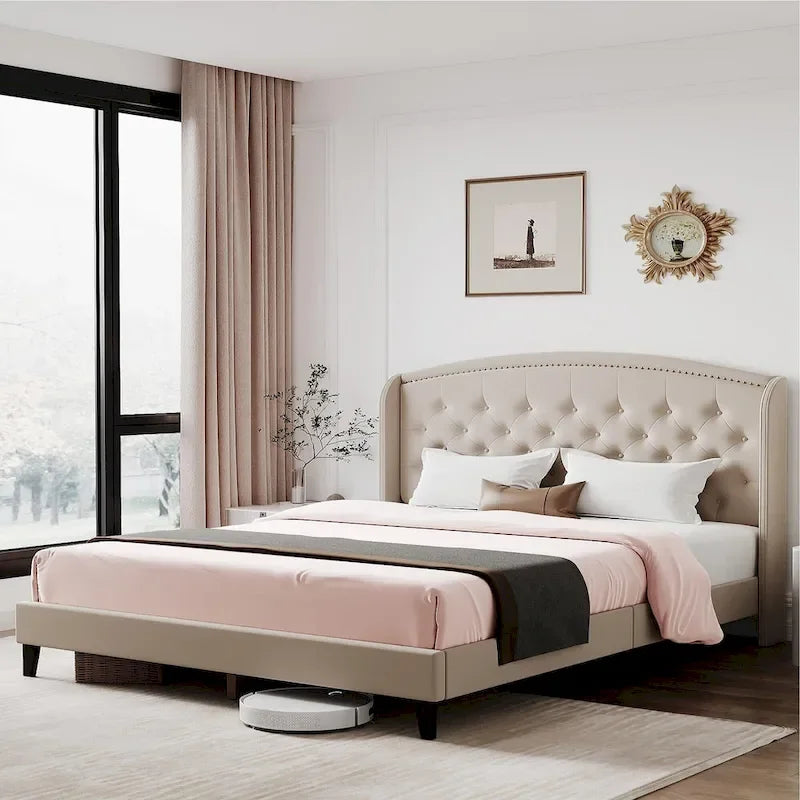 Upholstered Platform Bed Frame with Wingback Headboard-7